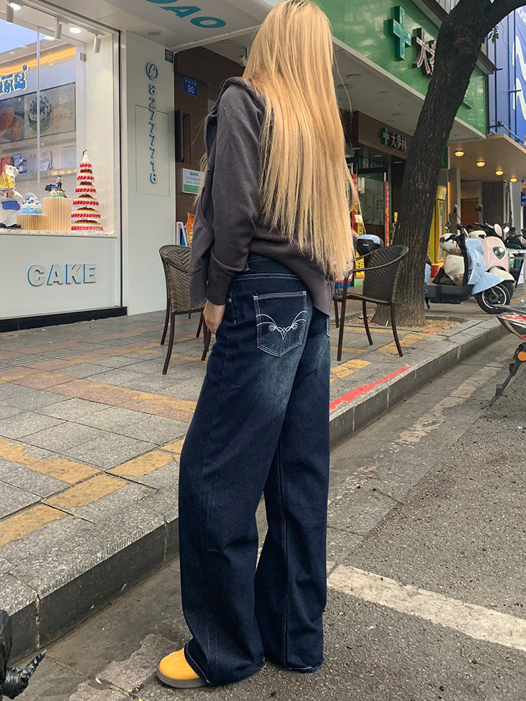 American-Style Embroidered Dark Blue Denim Wide-Leg Pants for Women, New Autumn and Winter Design, Lazy Versatile Casual Drape Straight-Leg Pants