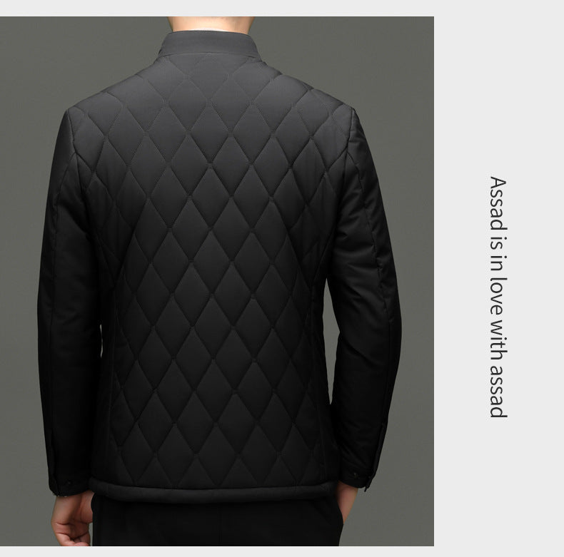 Men's Stand Collar Diamond Pattern Cotton Jacket Autumn and Winter Business Casual Warm Jacket Young and Middle-Aged Fashion Single-Breasted Top