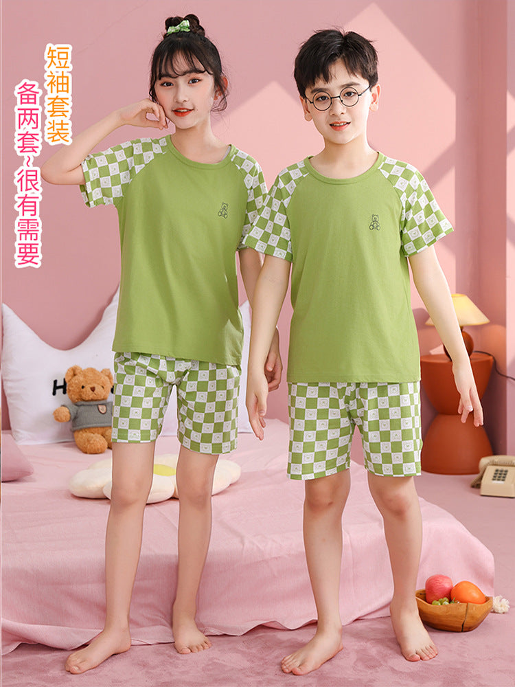 Children's Pajamas, Pure Cotton, Summer Short-Sleeved Shorts Set for Boys, Home Clothes for Girls, Air-Conditioned Clothes for Middle-Aged and Older Boys