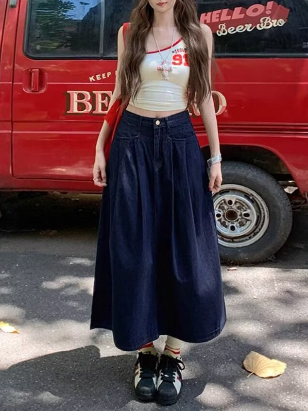 Retro Dark Denim Skirt for Women 2025 Spring and Autum New High-Waisted Loose Slimming Look Pleated A-Line Mid-Length Skirt