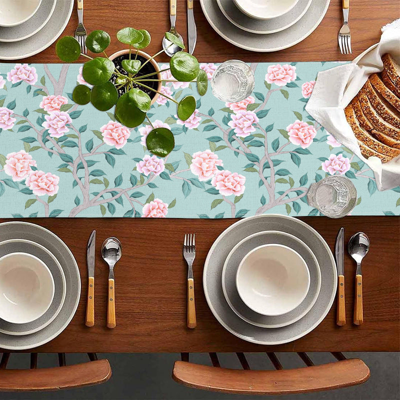 New Cross-Border Pink Flower Table Flag Printed Linen Living Room Decorative Tablecloth Home Kitchen Tablecloth Mat