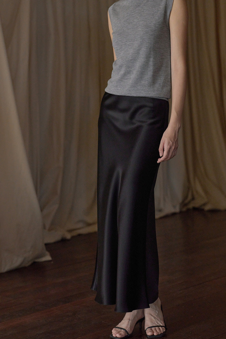 Japanese Imported Triacetate Satin Water Ripple Satin 45-Degree Bias-Cut Solid Color Long Fishtail A-Line Skirt for Women