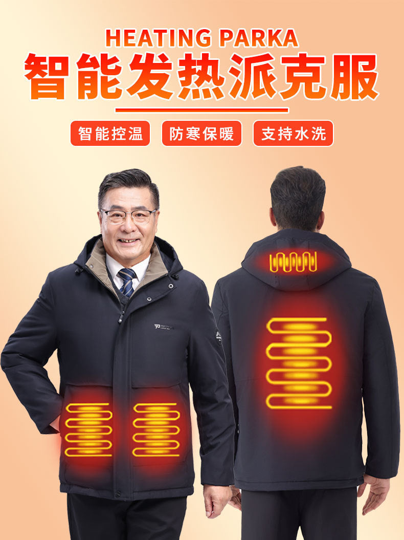 Factory Direct Supply Rechargeable Heated Cotton Jacket for Men, Fleece-Lined Thickened Hooded Coat, Middle-Aged and Elderly Warm Parka