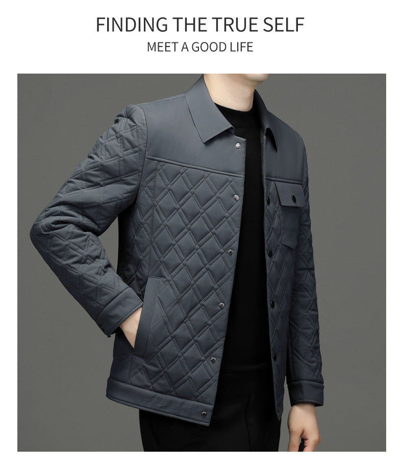 High-end men's mulberry silk cotton-padded coat business casual plaid middle-aged lightweight cotton-padded jacket autumn and winter men's lapel cotton-padded coat