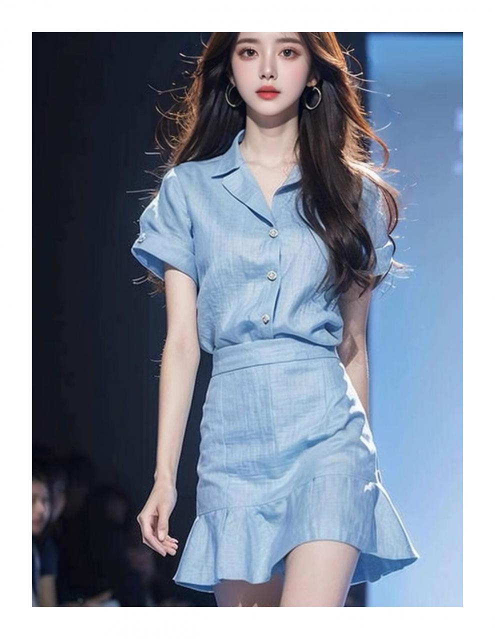 Foreign trade women's clothing age-reducing foreign-style fashion this year popular beautiful small fragrant style professional blue top skirt two pieces