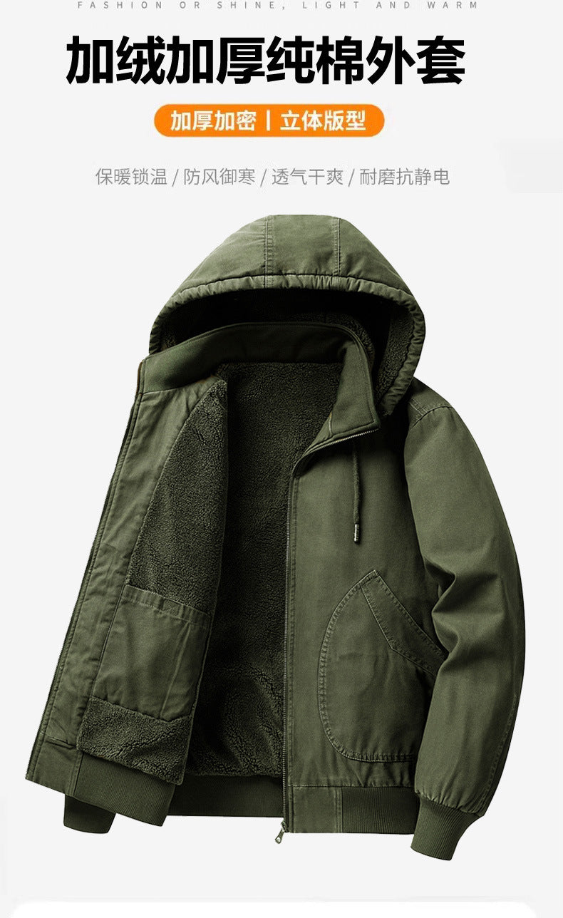 Men's Autumn and Winter Warm Fashion Fleece-Lined Bomber Jacket American-Style Workwear Hooded Cotton Coat for Warmth