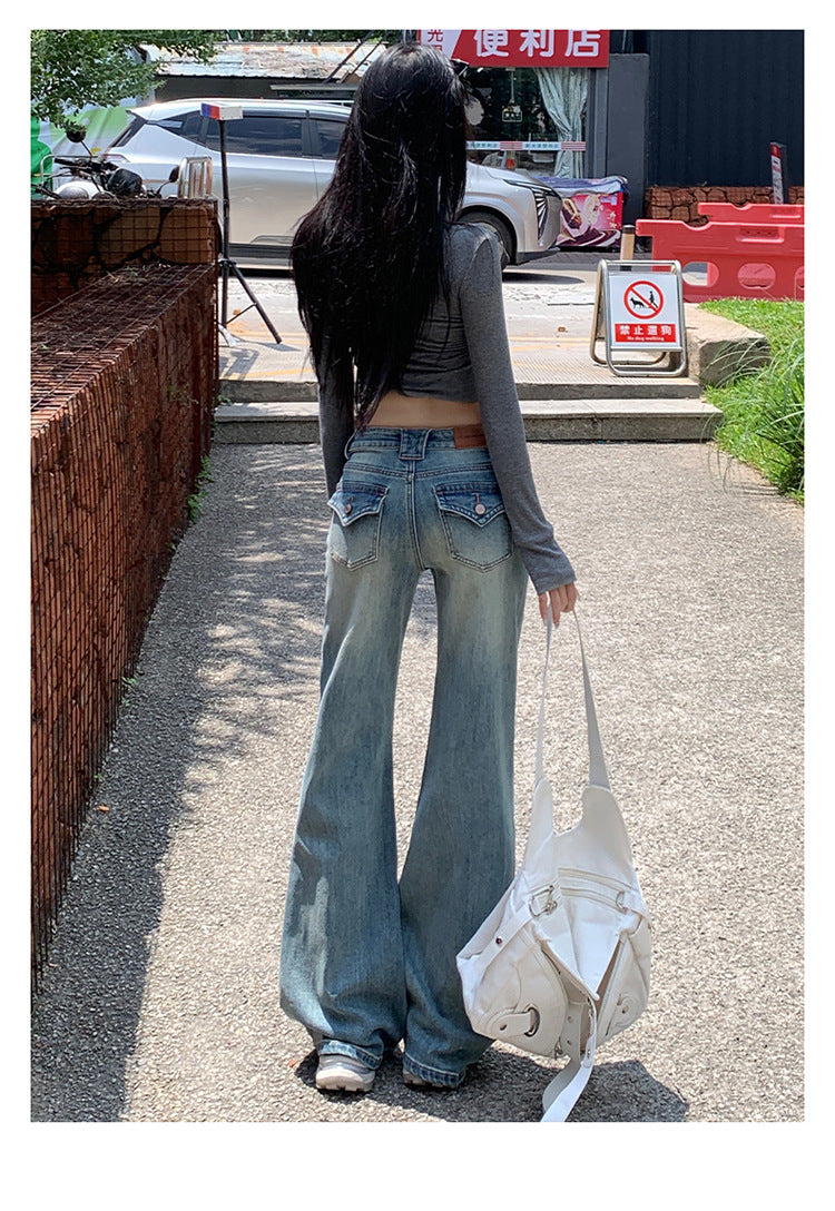 American Hot Girl Washed Retro Slim Jeans for Women Early Autumn New Versatile Fashionable and Comfortable Low-Waist Micro-Flared Pants