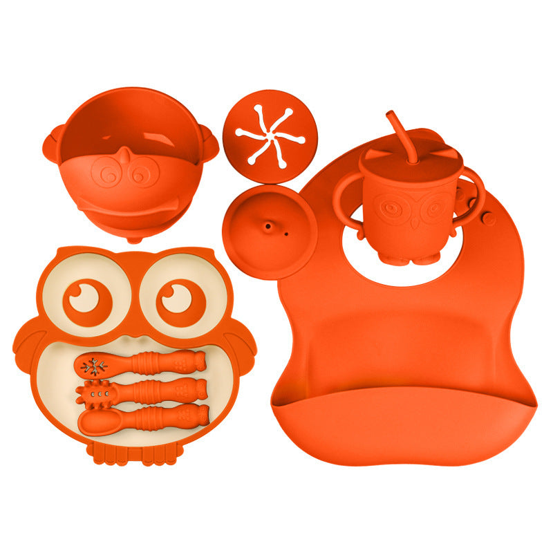 Baby Silicone Tableware Set Full Set Children Owl Dinner Plate Divided Dinner Plate Baby Dinner Plate Supplementary Food Box Dinner Plate