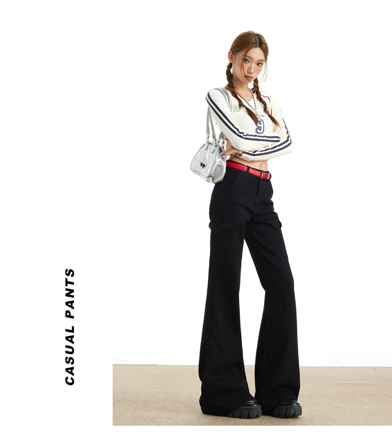 Eye-Catching Autumn and Winter Black Workwear Mid-Waist Elastic European and American Slightly Flared Wide-Leg Floor-Length Casual Jeans for Women
