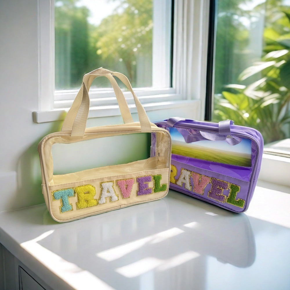 Amazon Cross Border Transparent PVC Handbag Embroidered Letters Storage Bag Large Capacity Travel Wash Bag