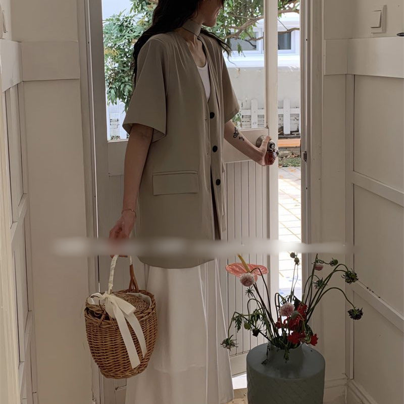 Korean Style Elegant Design V-Neck Short-Sleeve Blazer 2026 Summer Fashion New Thin Versatile Top for Women
