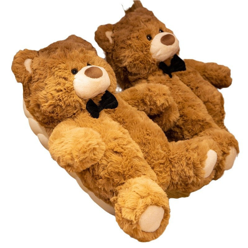 Cute Bear Slippers Winter Home Plush Cotton Shoe Bag Heel Warm Doll Cotton Slippers Thickeneded Non-Slip Couple Shoes
