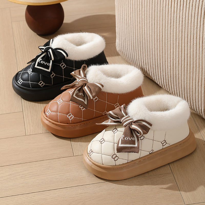 High-value Bow Waterproof Cotton Shoes Women's Bag Heel Winter Indoor Home fleece-lined Non-slip Cotton Slippers for Outer Wearing to Keep Warm