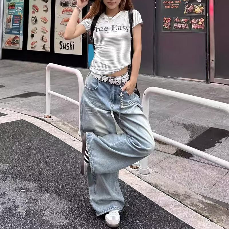 Women's Spring and Summer Thin Drape Jeans 2025 New Fashion High-Waisted Slimming Light Blue Straight Wide-Leg Floor-Length Pants