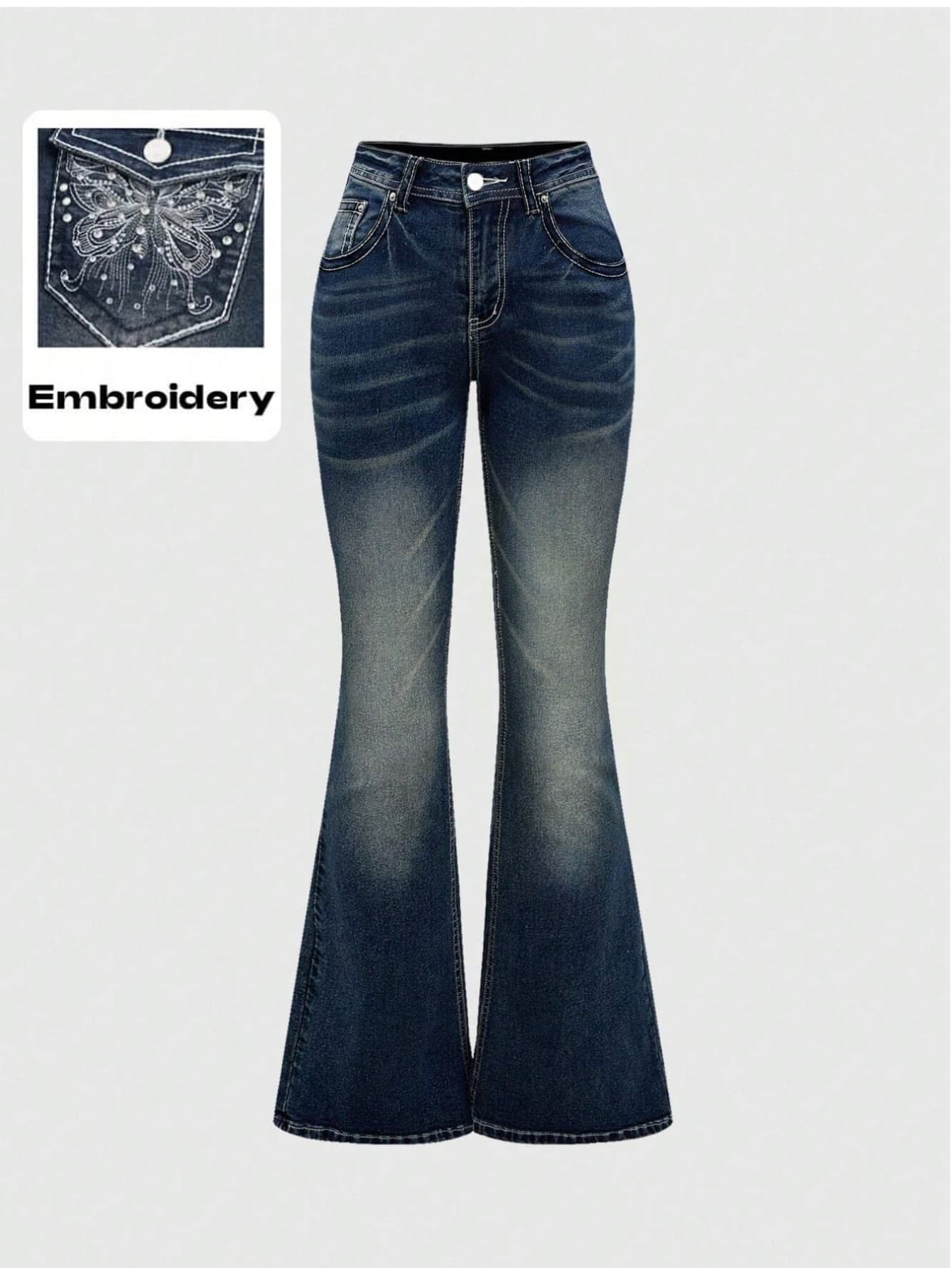 European and American Cross-Border Popular Women's Clothing Slim Fit Flared Jeans with Back Pocket Embroidery and Rhinestones Women Jeans