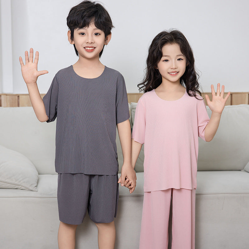 Summer New Style Boys' Short-Sleeved Loose Seamless Ice Silk Home Clothes Children's Two-Piece Set Girls' Pajamas Set Wholesale