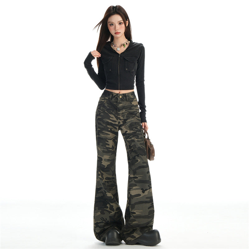 Autumn New Non-Elastic Slightly Spicy Cargo Pants American Retro Camouflage Flap Pocket Design Jeans for Women