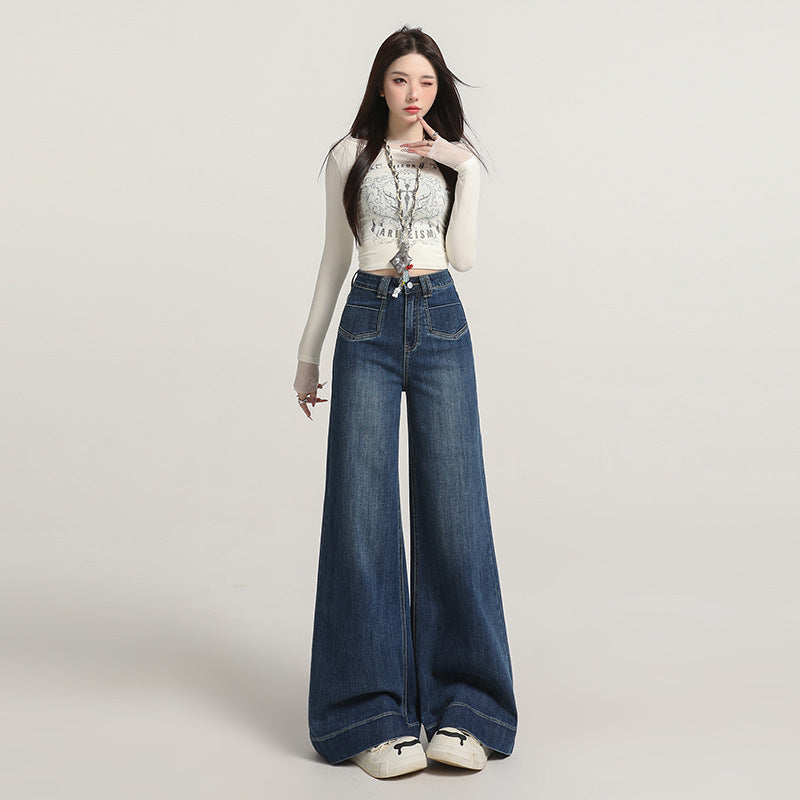 Retro American Style Denim Blue Flared Jeans for Women 2025 Autumn New Slimming Versatile Bootcut Pants