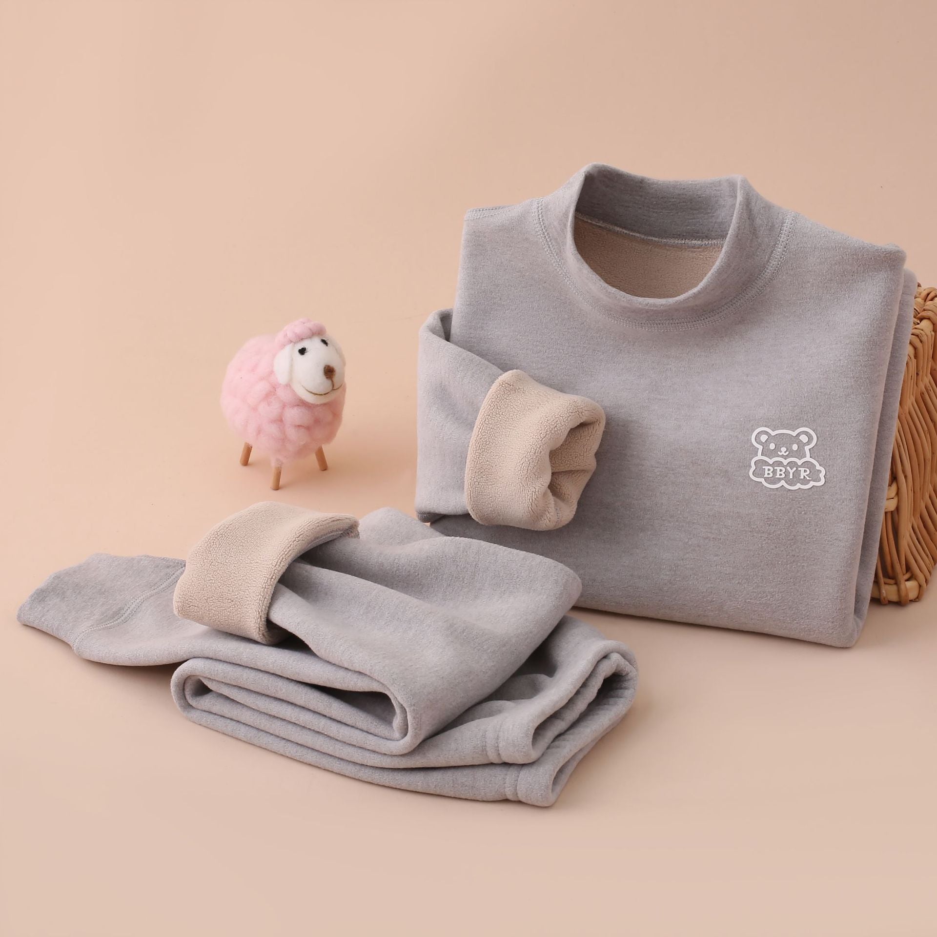 Autumn and winter fleece-lined children's clothing large children's mid-collar autumn pants children's inner warm bottoming shirt children's home clothing suit