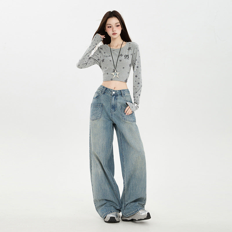 Raccoon House # American Retro Design Embroidered Jeans for Women 2025 Autumn New High-Waisted Loose Wide-Leg Pants Trendy