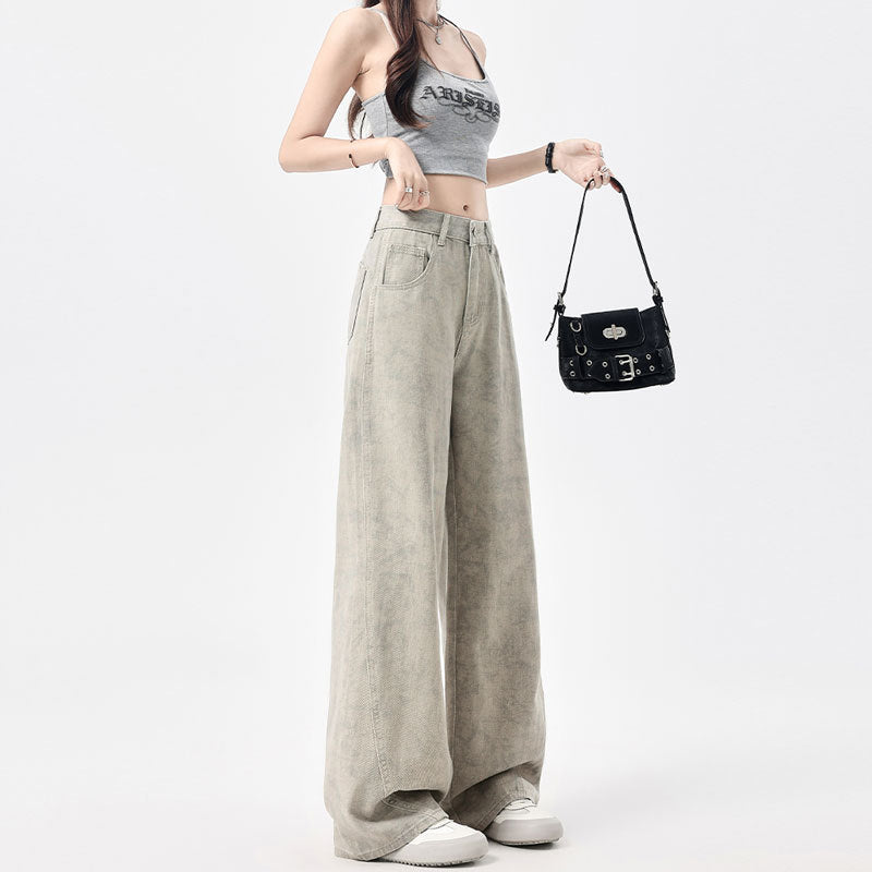 2025 Autumn American Tie-Dye Printed High Waist Loose Jeans Women's New Niche Design Straight-Leg Leg Wide Leg Pants Women