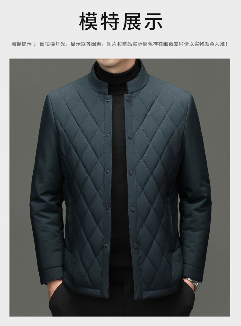 Men's Stand Collar Diamond Pattern Cotton Jacket Autumn and Winter Business Casual Warm Jacket Young and Middle-Aged Fashion Single-Breasted Top