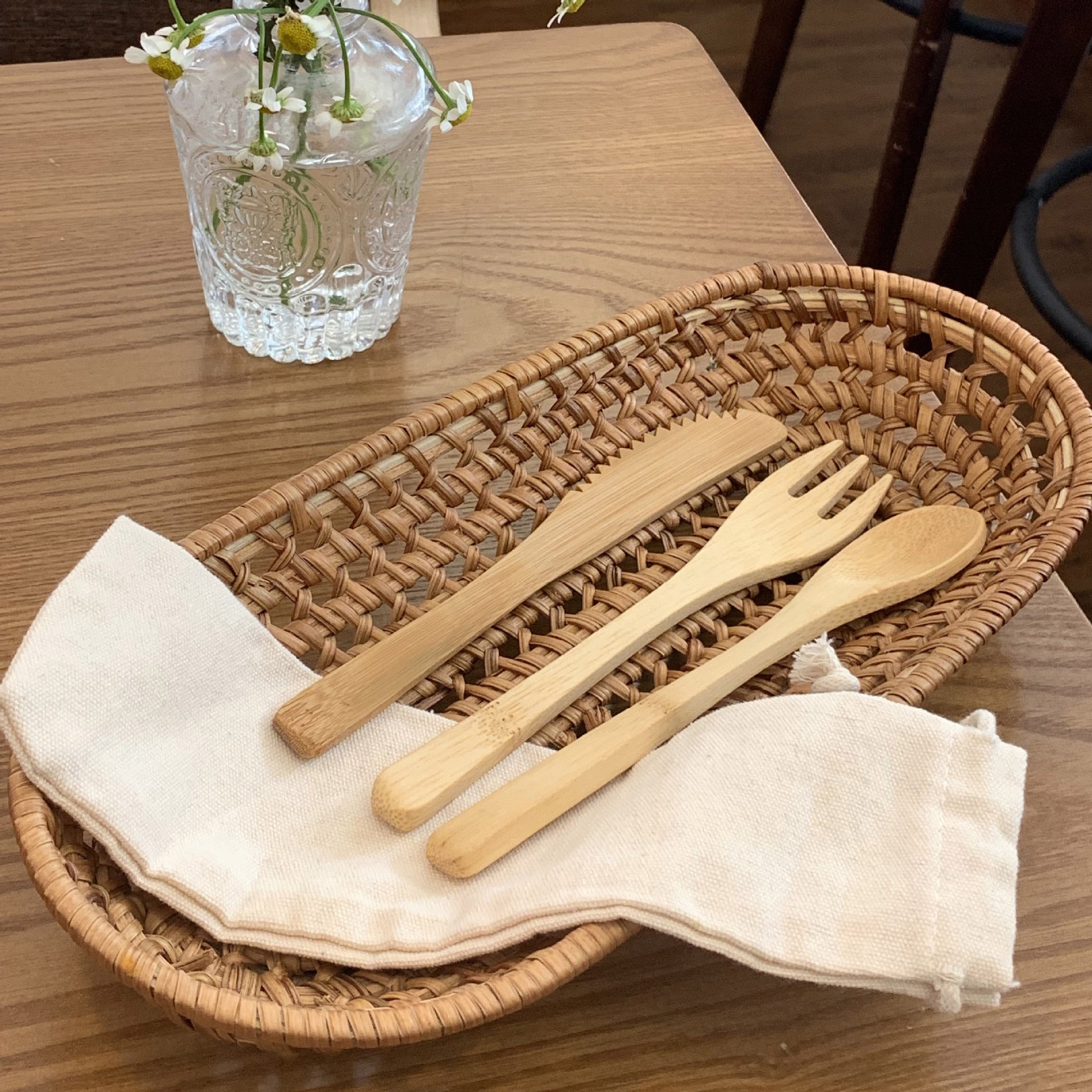 Factory cross-border selling bamboo tableware portable suit bamboo knife bamboo fork bamboo spoon cloth bag l bamboo tableware suit wholesale