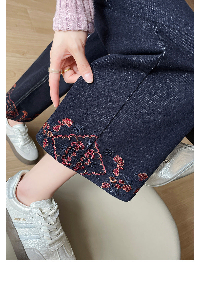Denim Blue Embroidered Wide-Leg Jeans for Women, 2026 Autumn New Style, Loose Fit, High-Waisted, Straight-Leg, Cropped Pants for Petite Figures