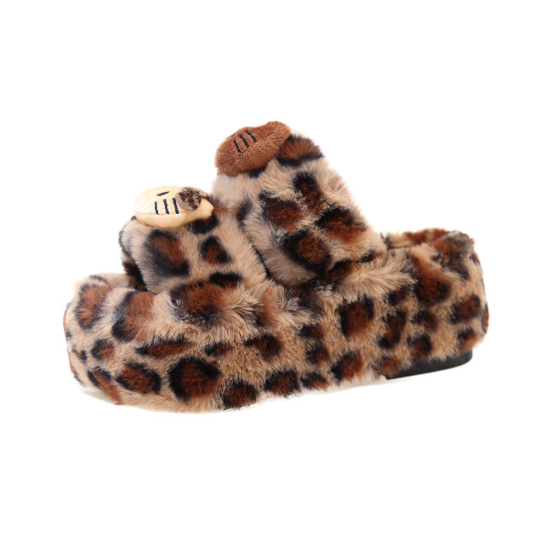Leopard Print Thick-Soled One-Word Furry Slippers for Women's Outer Wear 2025 New Spring, Autumn and Winter Indoor Home Popular Cotton Slippers