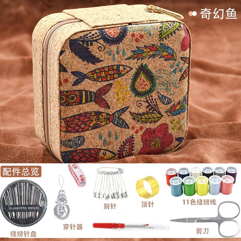 Retro Style Imitation Pu Leather Square Sewing Box Household Sewing and Mending Needle and Thread Set Portable Daily Essential Sewing Kit