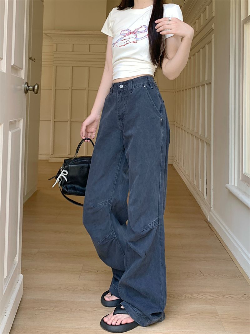 American Retro Design Workwear Jeans for Women New High Street Personalized Pleated Loose Straight Casual Pants