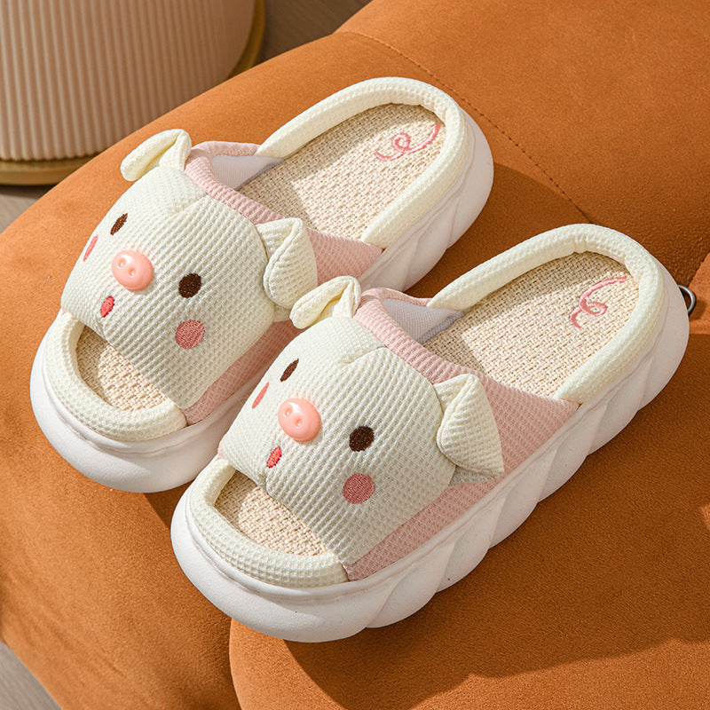 Cross-border Foreign Trade Tail Pig Cute Men and Women Couple Universal Open Toe Linen Cotton Linen Slippers
