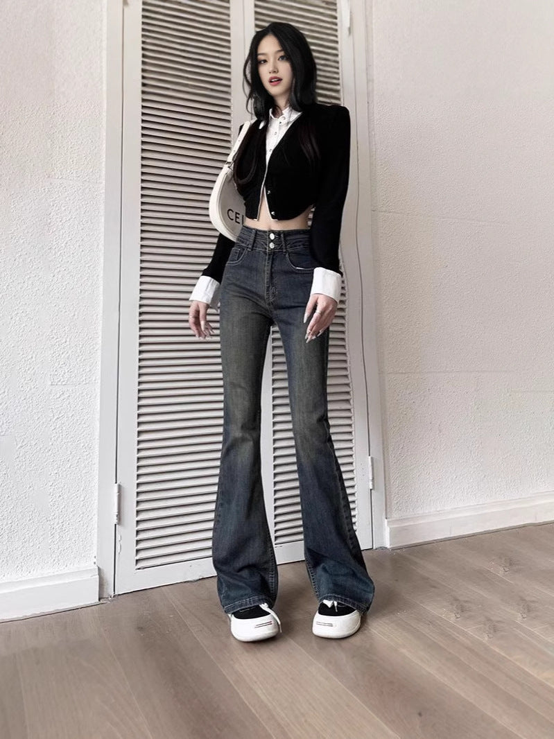 American Retro Denim Flared Pants for Women, Spring and Autumn New Gradient Floor-Length Petite High-Waisted Slimming Bootcut Pants