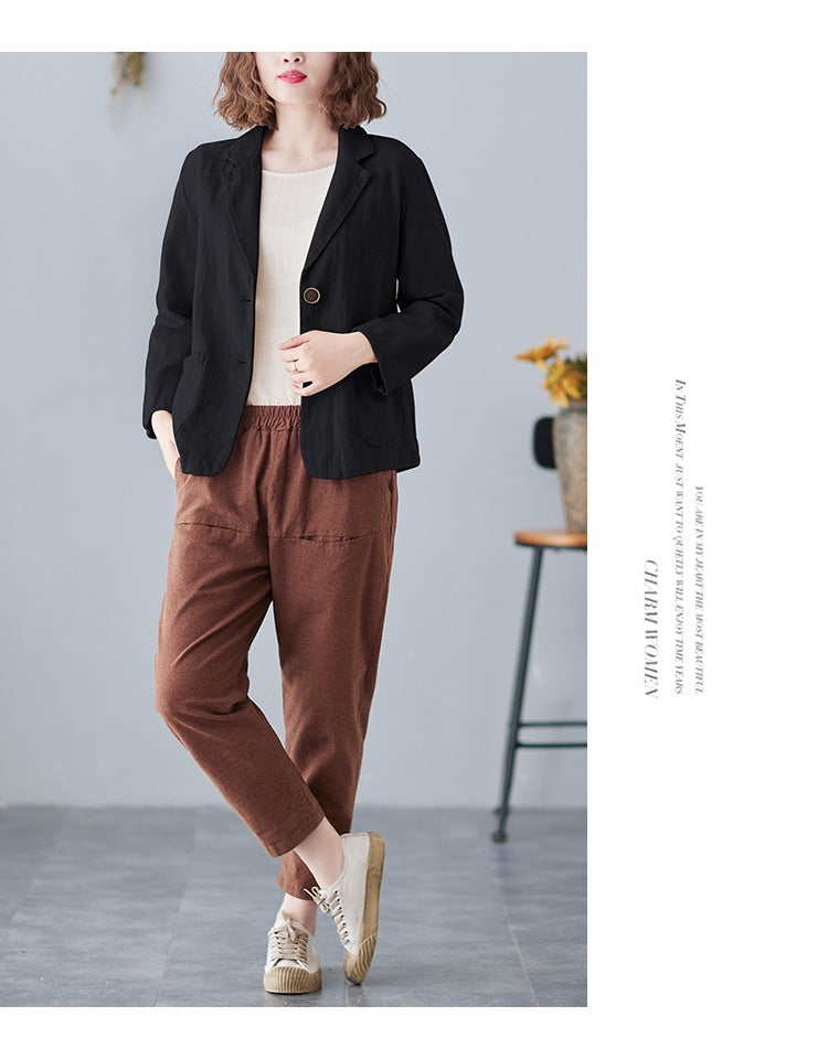 2025 Real Shot of New Cotton and Linen Retro Literary Loose Versatile Casual Long-Sleeved Button-Down Small Suit Short Jacket for Women