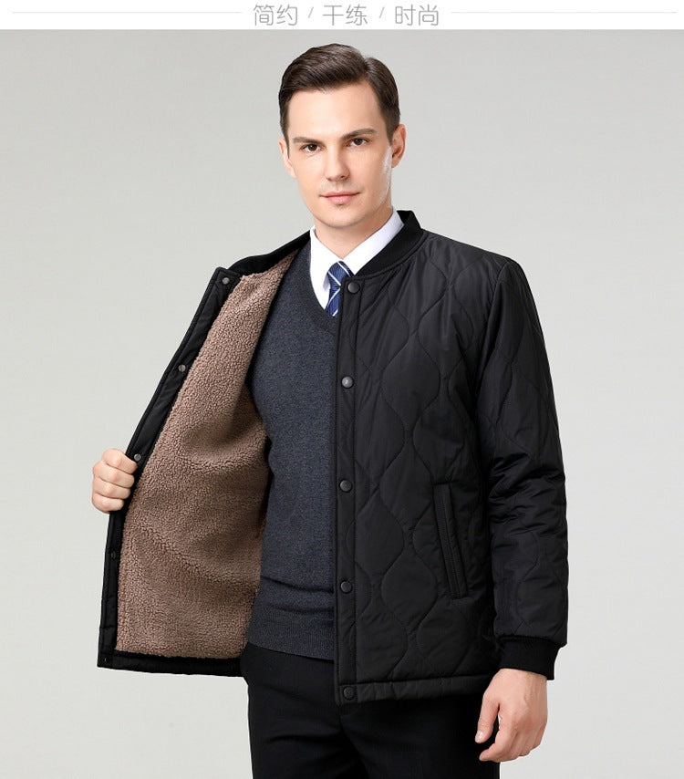 2024 Winter New Style Fleece-Lined Warm Cotton Jacket for Middle-Aged Men, Stand-Up Collar Short Style Cold-Proof Cotton Coat, Padded Large Size Dad's Jacket