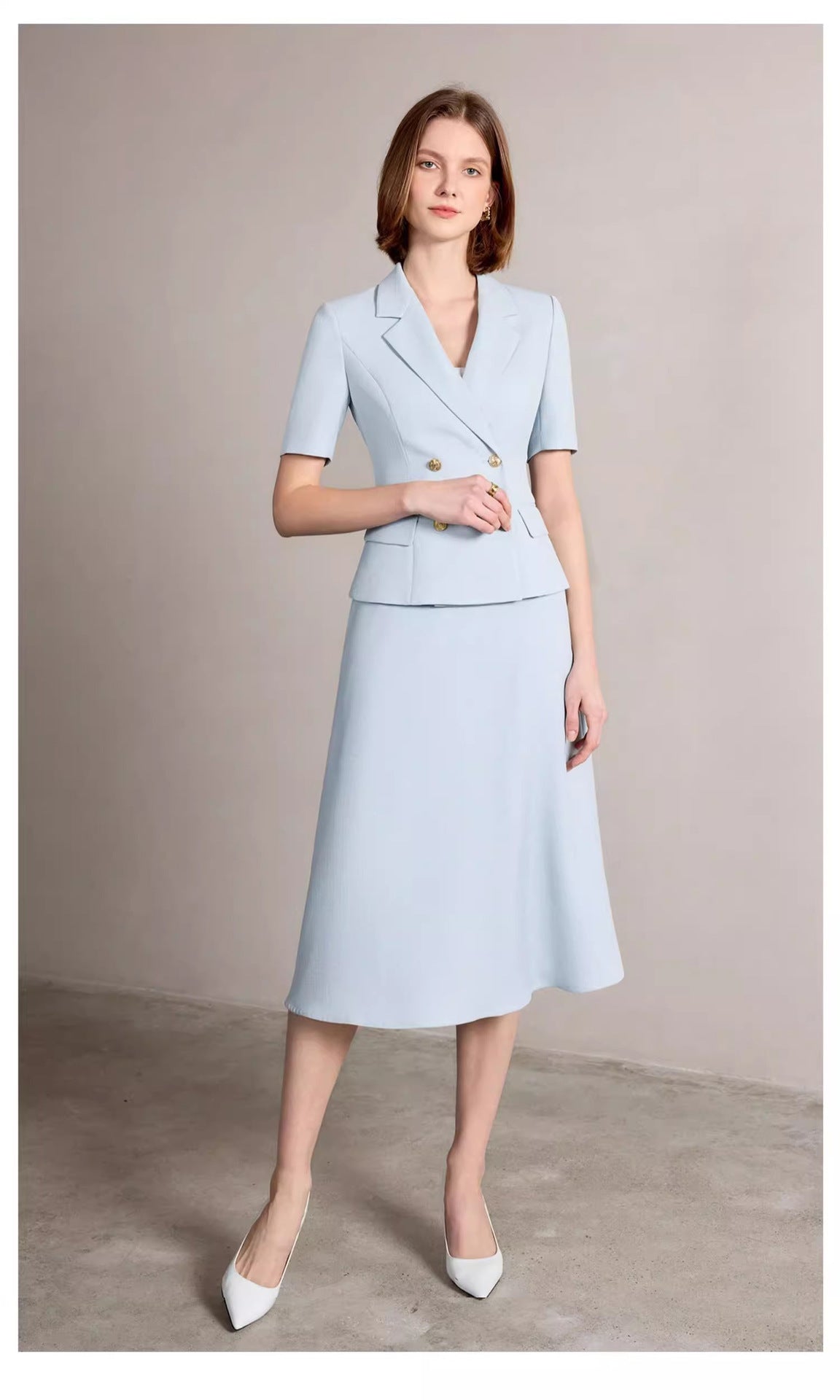 Summer New Short-Sleeved Light Blue Professional Women's Skirt Suit Double-Breasted Suit Collar Office Manager Commuting Formal Wear