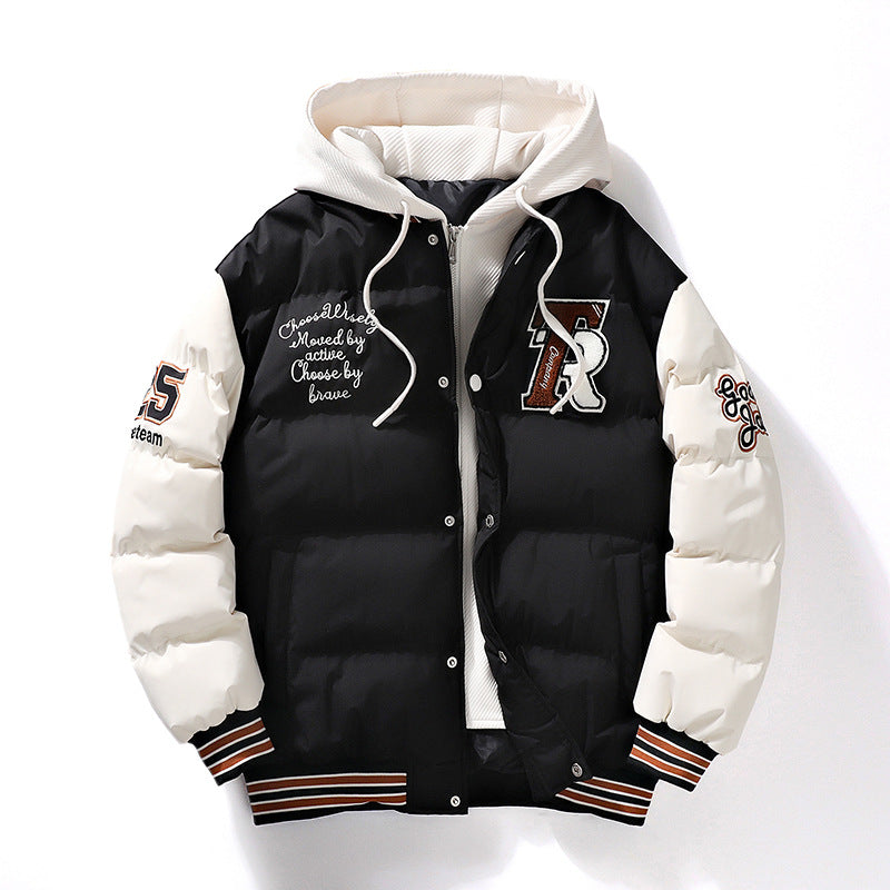 2023 Men's Winter Fashion Coat Trendy Fake Two-piece Hooded Letter Printed Bread Suit Couple's Cotton-padded Coat