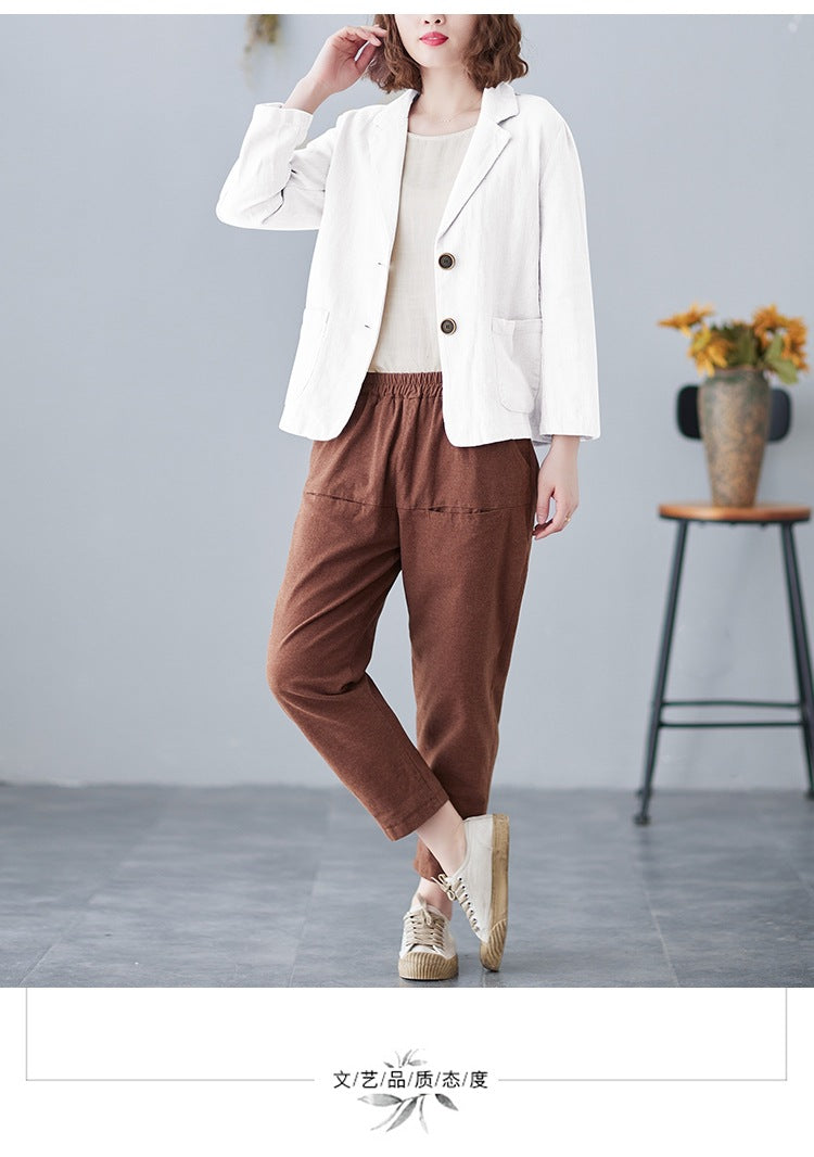 2025 Real Shot of New Cotton and Linen Retro Literary Loose Versatile Casual Long-Sleeved Button-Down Small Suit Short Jacket for Women