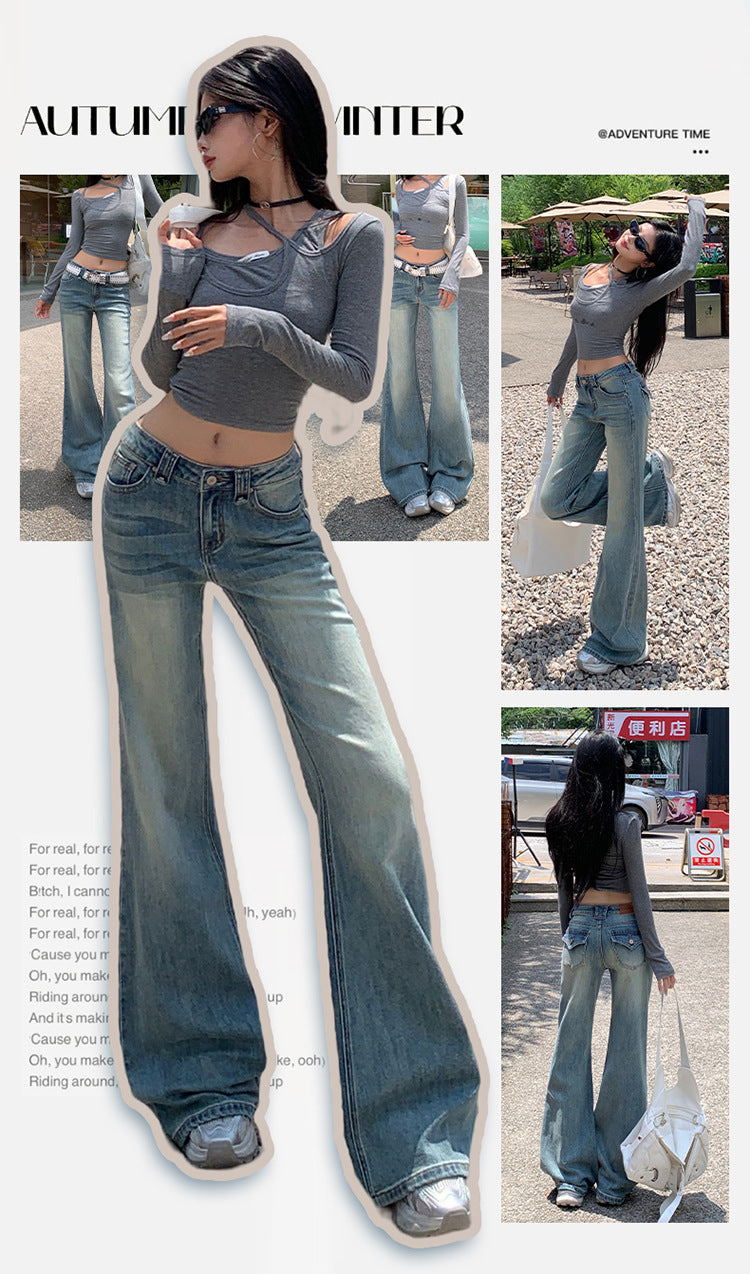 American Hot Girl Washed Retro Slim Jeans for Women Early Autumn New Versatile Fashionable and Comfortable Low-Waist Micro-Flared Pants