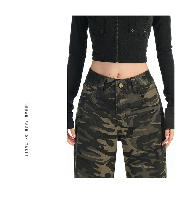 Autumn New Non-Elastic Slightly Spicy Cargo Pants American Retro Camouflage Flap Pocket Design Jeans for Women