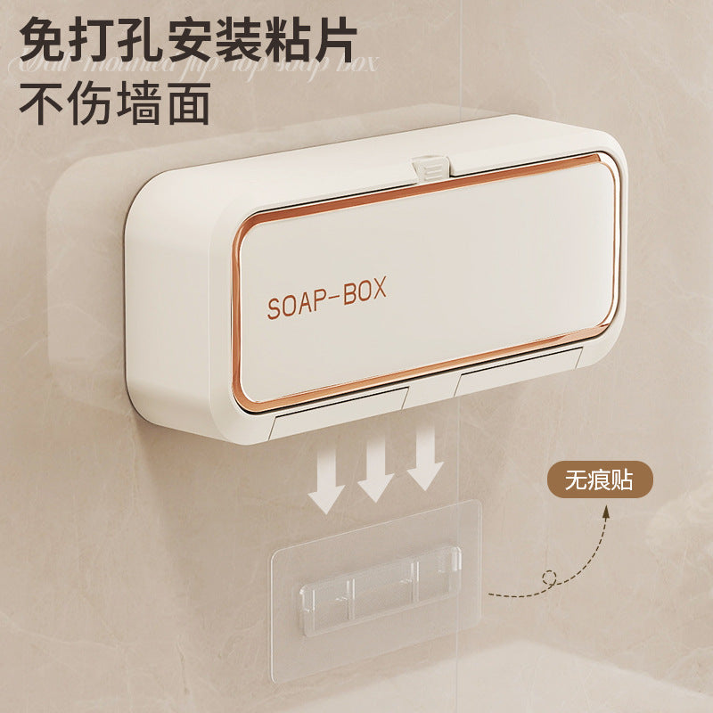 Wall-Mounted Soap Holder, Creative Punch-Free Soap Box for Home Bathroom, Flip-Top Drainage Storage Rack for Export