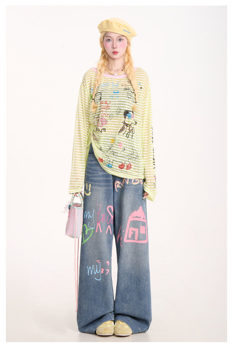 American Graffiti Print Jeans for Women, Trendy Retro Washed Straight Pants, Loose Casual Drape Versatile Casual Pants