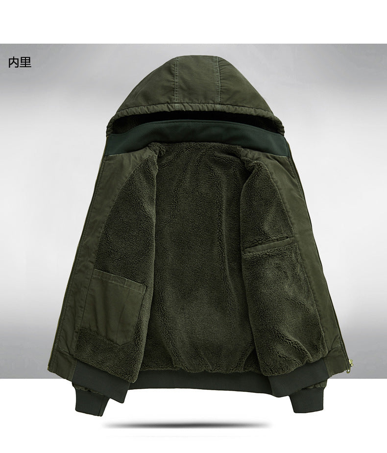 Men's Autumn and Winter Warm Fashion Fleece-Lined Bomber Jacket American-Style Workwear Hooded Cotton Coat for Warmth