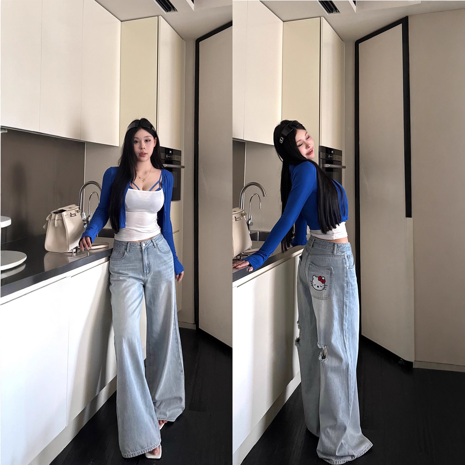 2025 Spring and Autum New Wide-Leg Ripped Jeans Women's Blue Loose Versatile Casual Straight Long Pants Trendy