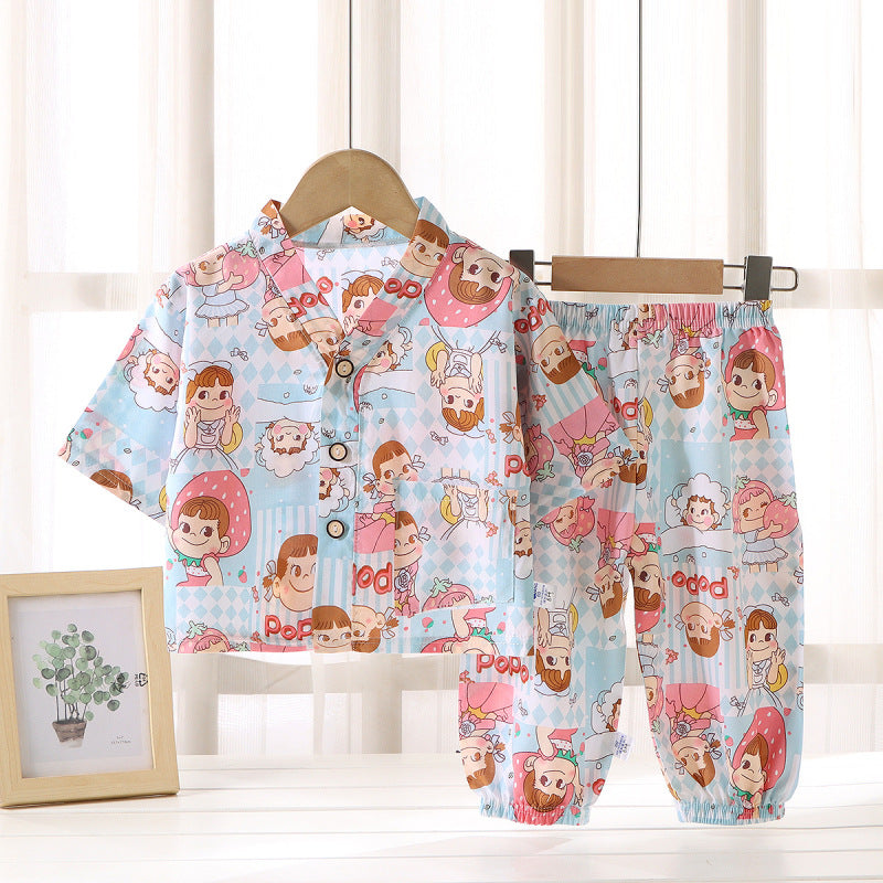 Children's Home Clothes Cotton Silk Suit Summer Boys and Girls Pajamas Artificial Cotton Two-Piece Set Cotton Silk Air-Conditioned Clothes Kidsren's Clothing