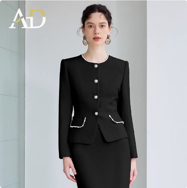 AD French Commuter Suit suit Women's High-end Pearl Crewneck Long-sleeved Jacket Black Business Dress Overskirt
