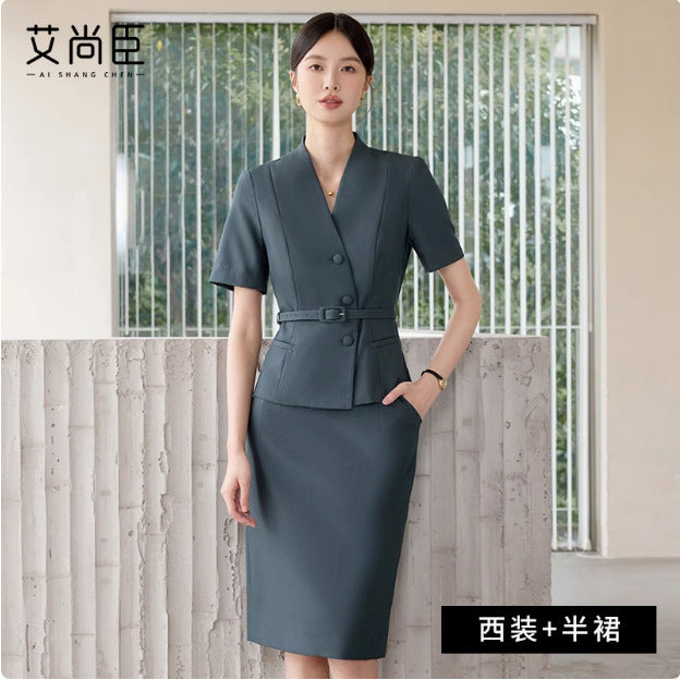 Summer New Design V-Neck Professional Women's Skirt Suit in Gray-Green, Slim-Fit and Flattering, Suitable for Reception and Work Attire