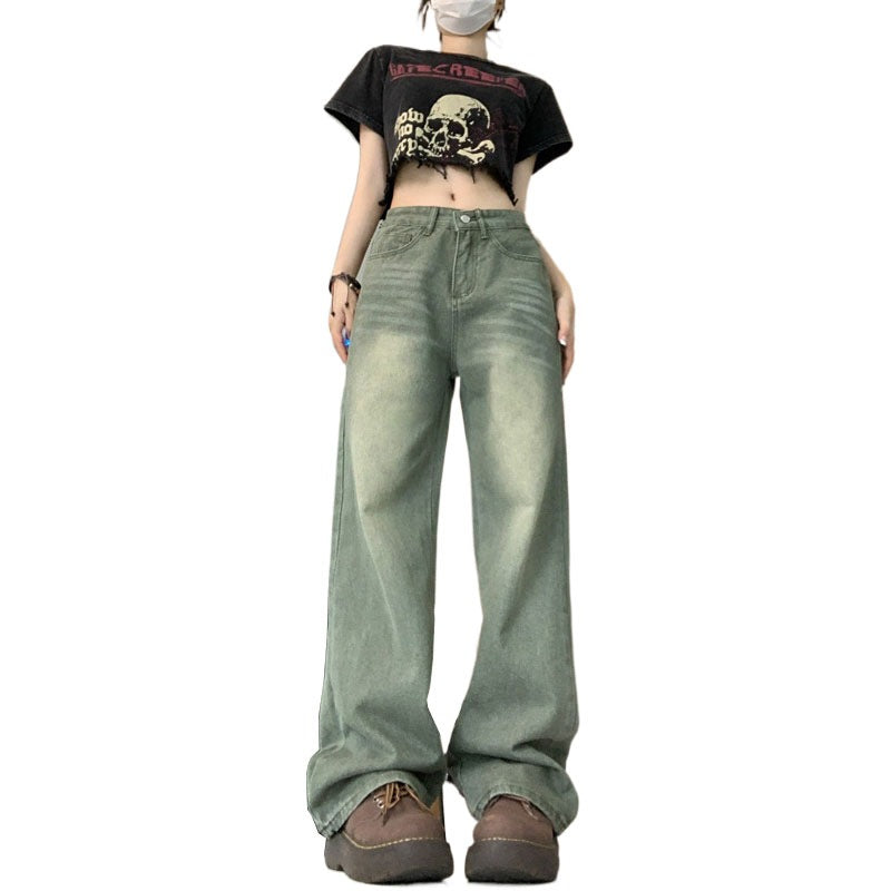 2025 Spring and Autumn Retro American High Waist Slim Straight-Leg Jeans Fashion Women's Loose Floor-Length Wide Leg Long Pants