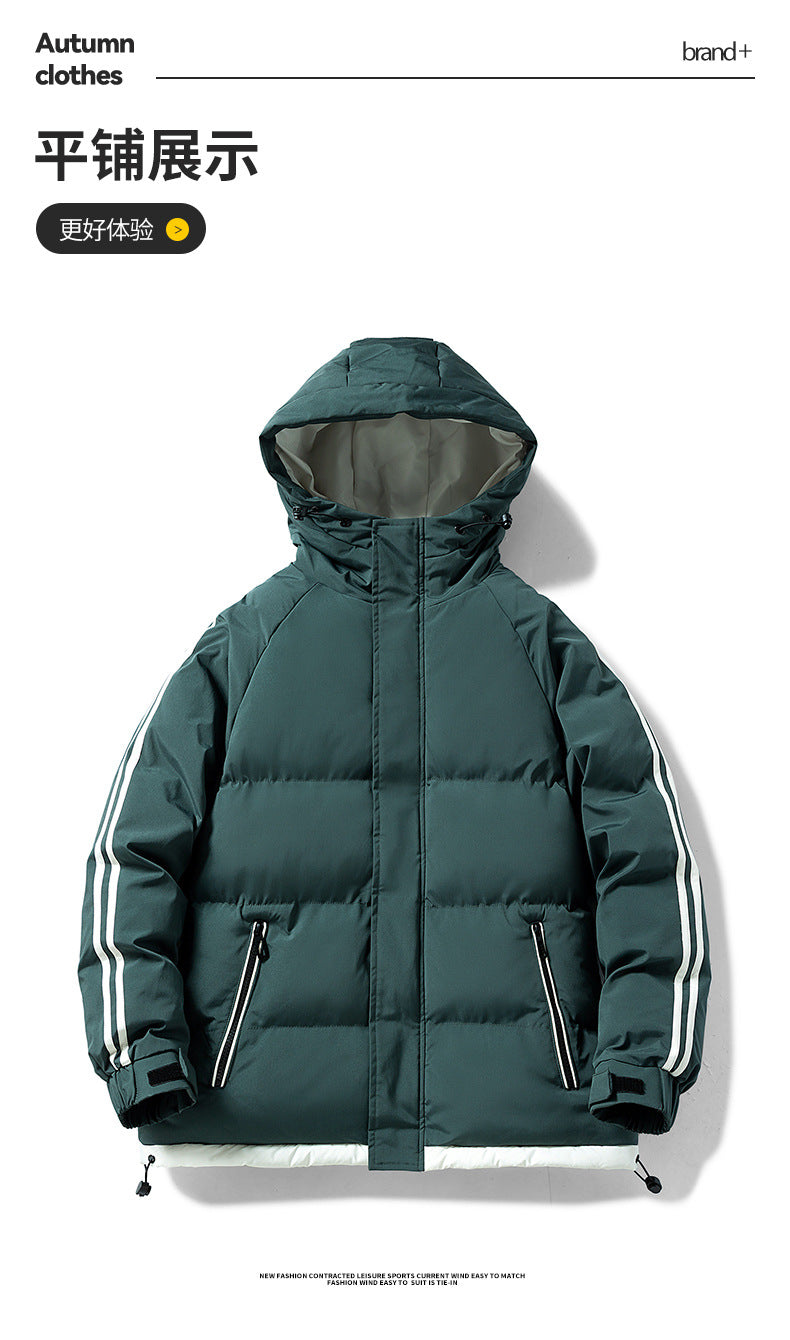Cross-Border Wholesale Two-Stripe Cotton Jacket Unisex Hooded Cotton Coat Trendy Fashion Thickened Warm Cotton Jacket for Men