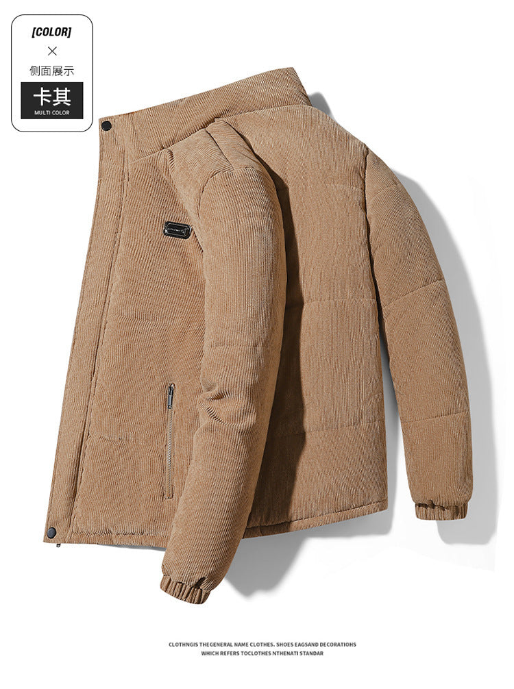 Thickened corduroy cotton-padded jacket for autumn and winter men's warm neck protection stand collar cotton-padded jacket European and American plus size fashionable cotton-padded jacket